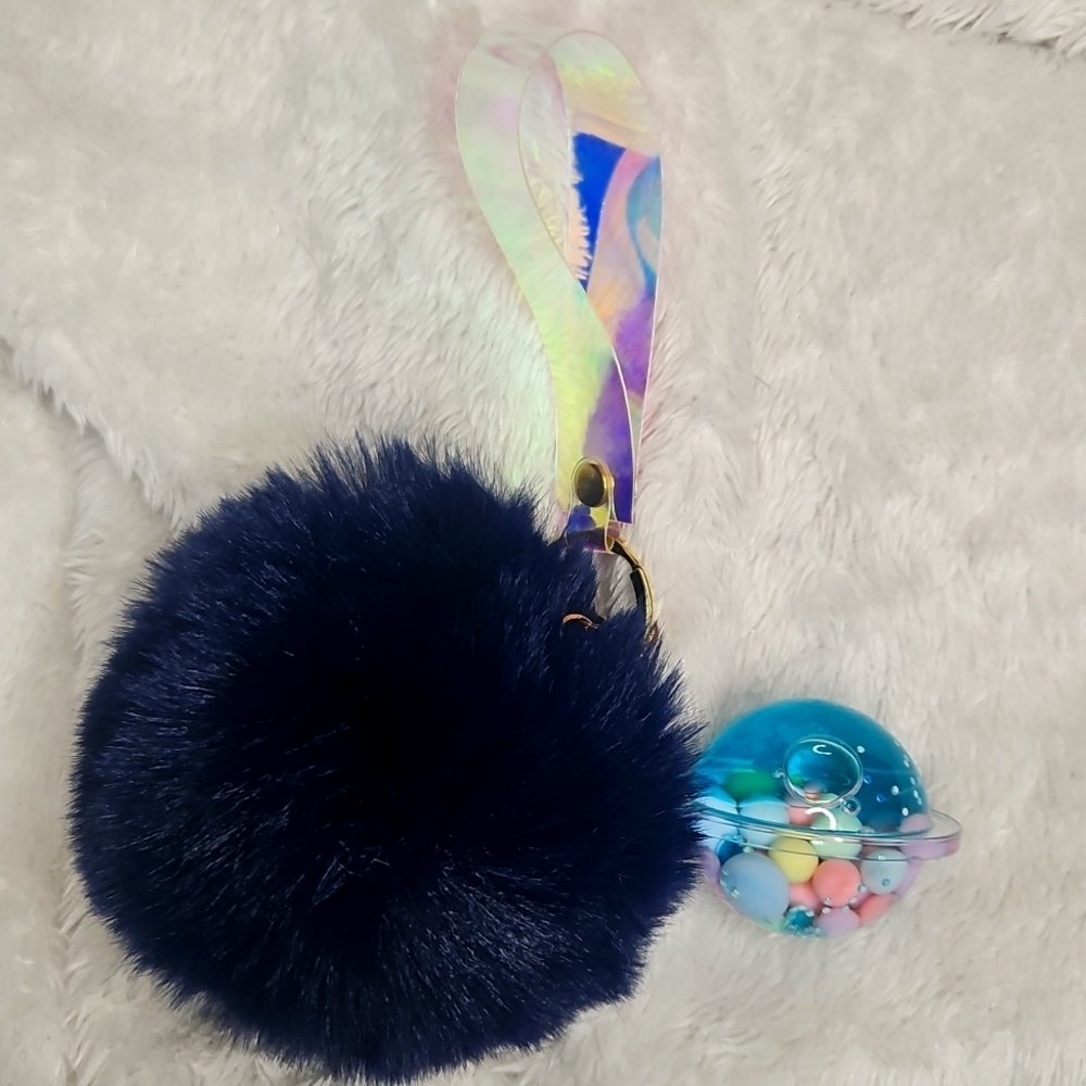 Saturn Inspired Navy Fluffy Pom Pom Keychain